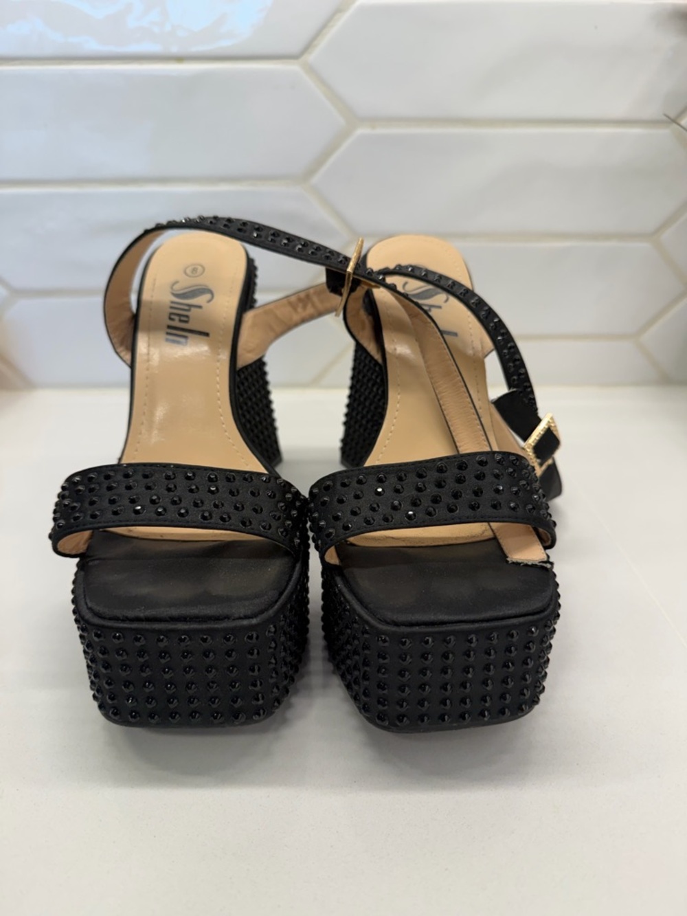 Black Rhinestone Platform Block Heels - Picture 4 of 6